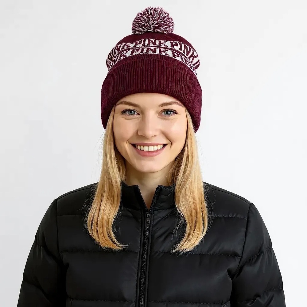 PINK Victoria's Secret Beanie Hat 0S Burgundy White Pom Pom Logo Knit R $35